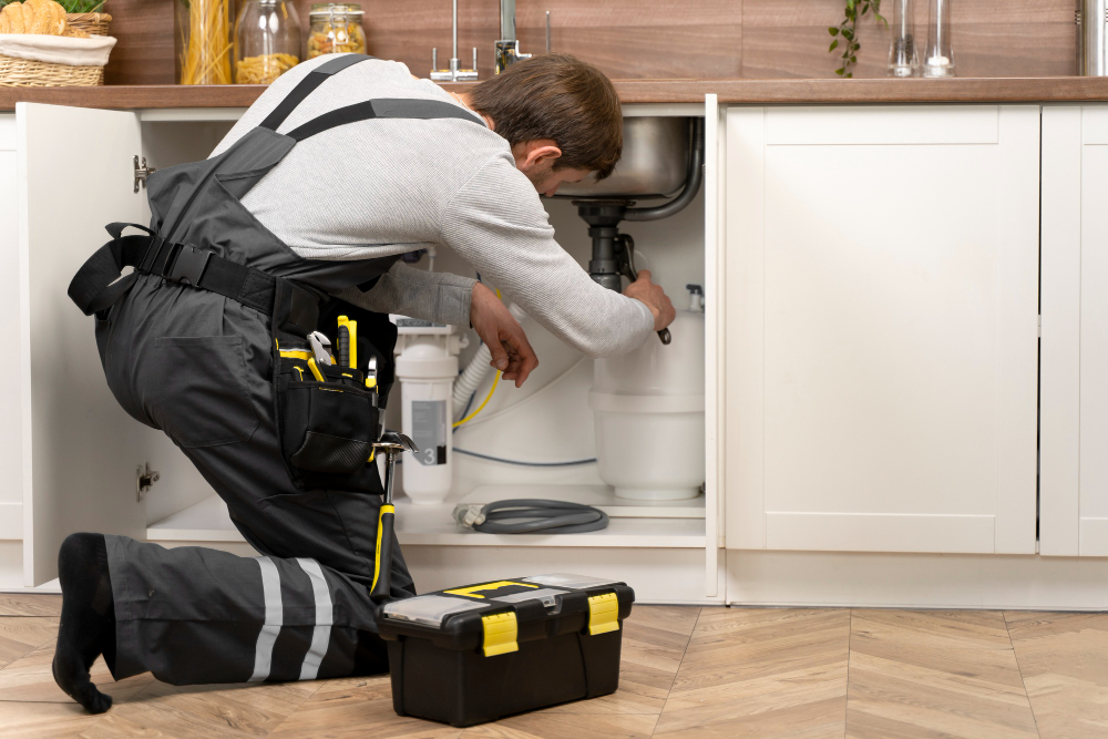 A plumber fixing a leaking kitchen sink