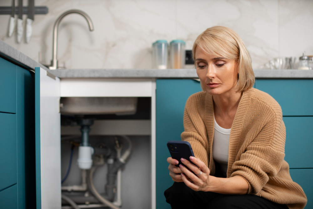 Lady on her phone looking for an emergency plumber in Telford