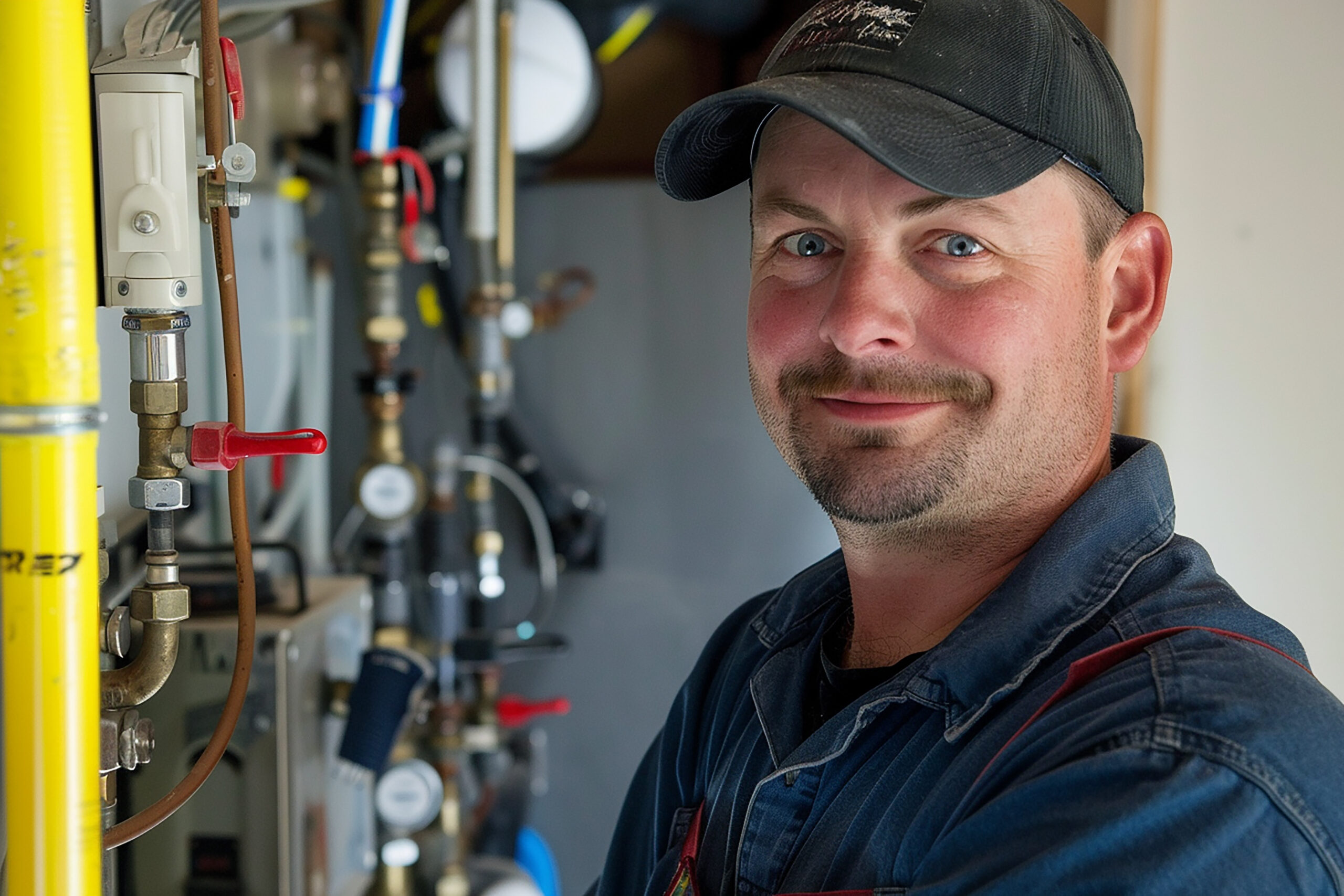 Gas engineer in Telford stood beside gas pipes and gauges