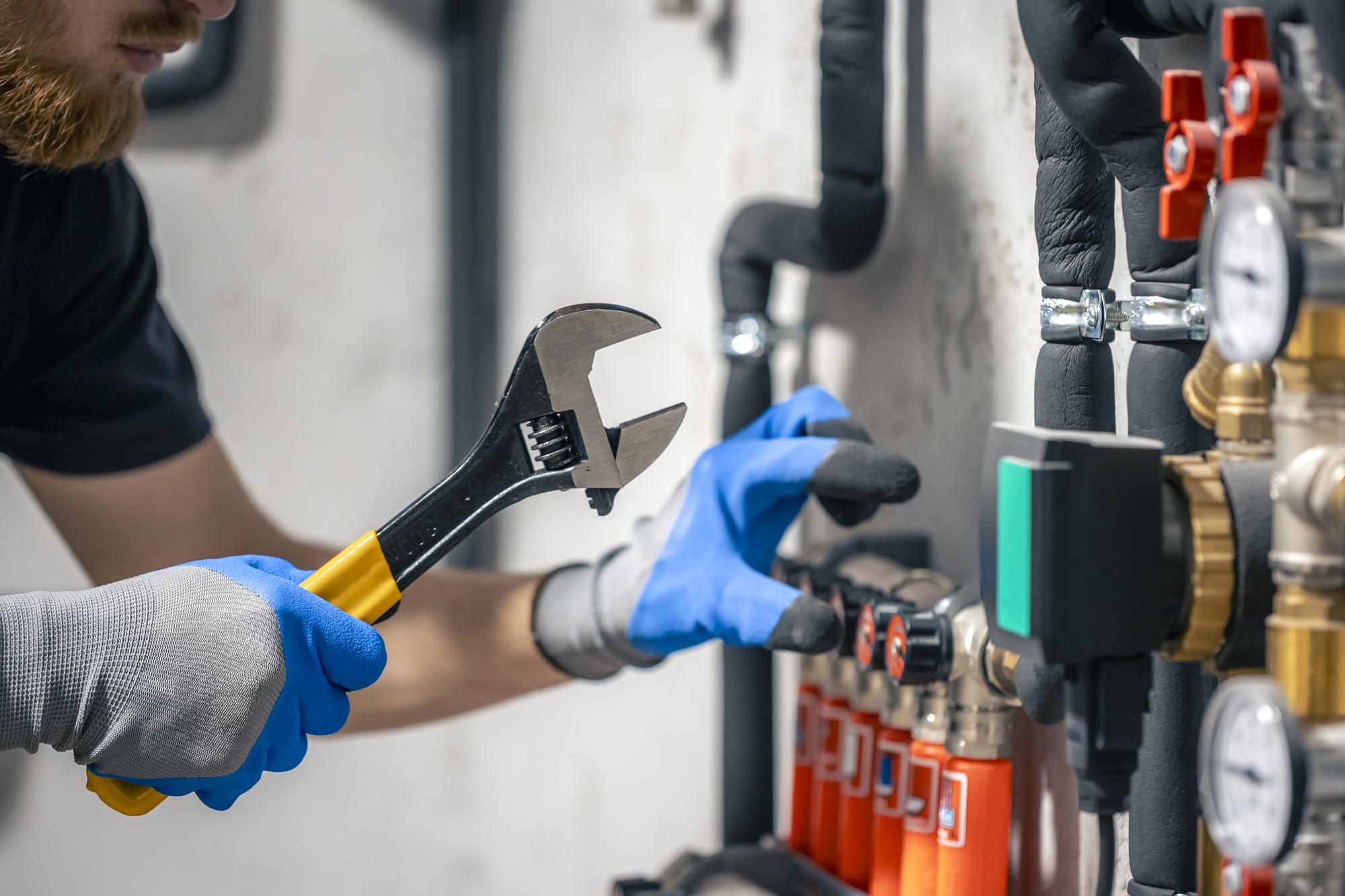 Man checking a central heating systems pipework with a wrench