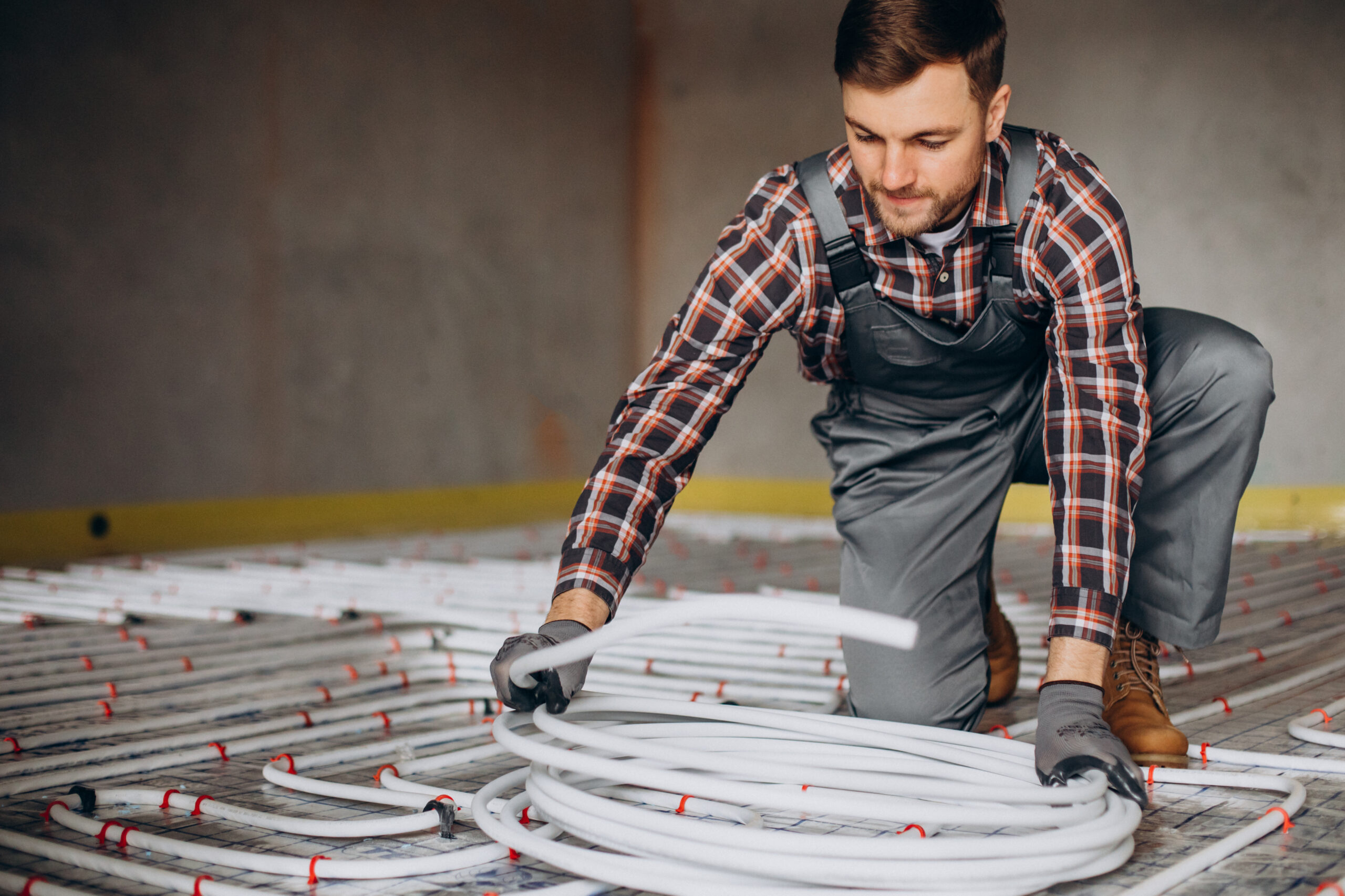 Man installing underfloor heating pipes